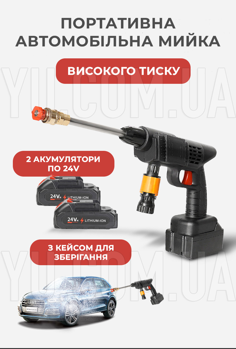 Портативна автомобільна мийка високого тиску акумуляторна 24V з кейсом для зберігання (два акумулятори)
